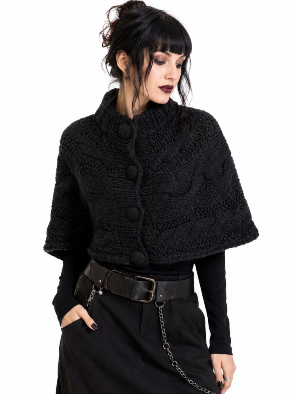 Peppe Peluso Black Chunky Knit Cropped Capelet Sweater Button Front Cowl Neck M